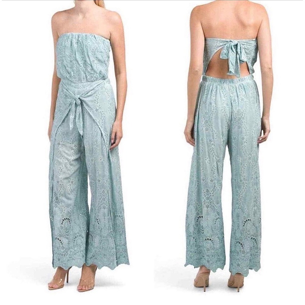 YFB Young Fabulous & Broke Jumpsuit Womens S Blue Rayon Eyelet Boho Coastal Chic